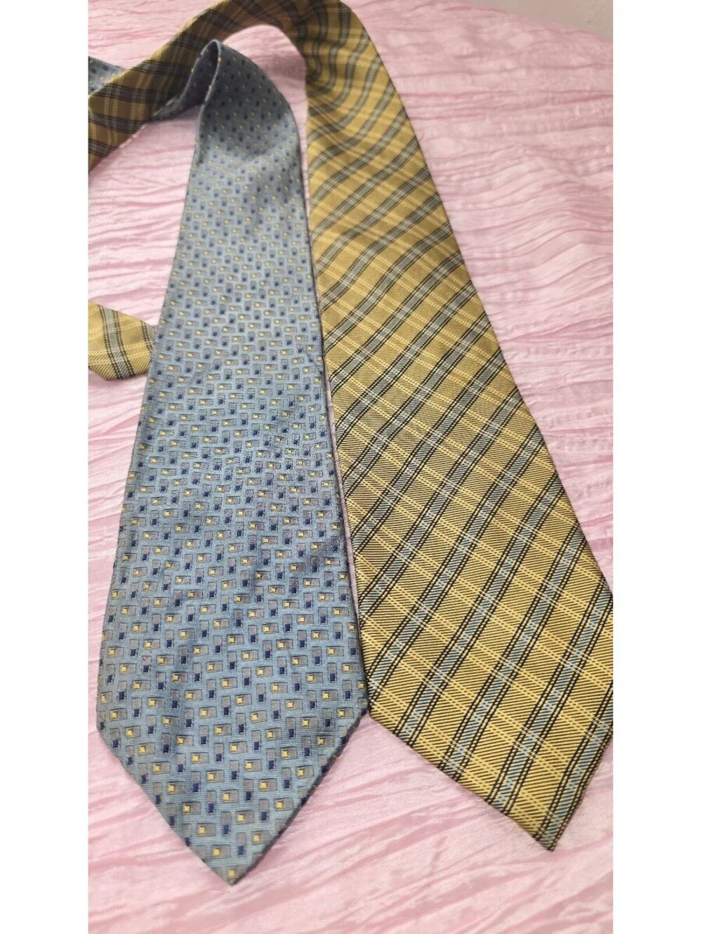 Barrington Men’s Necktie Lot of 2 Blue Geometric & Gold Plaid Classic Ties